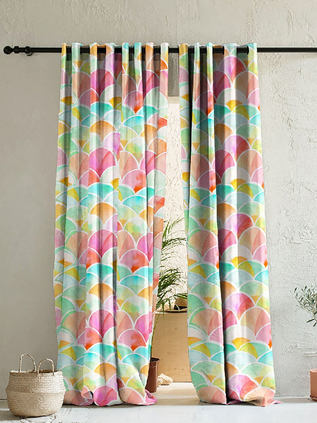

SPACES Pink & Yellow Set of 2 Geometric Room Darkening Long Door Curtains