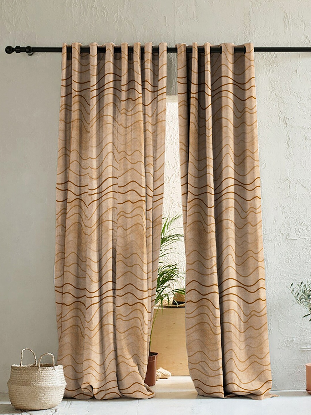 

SPACES Peach-Coloured & Brown Set of 2 Room Darkening Long Door Curtains