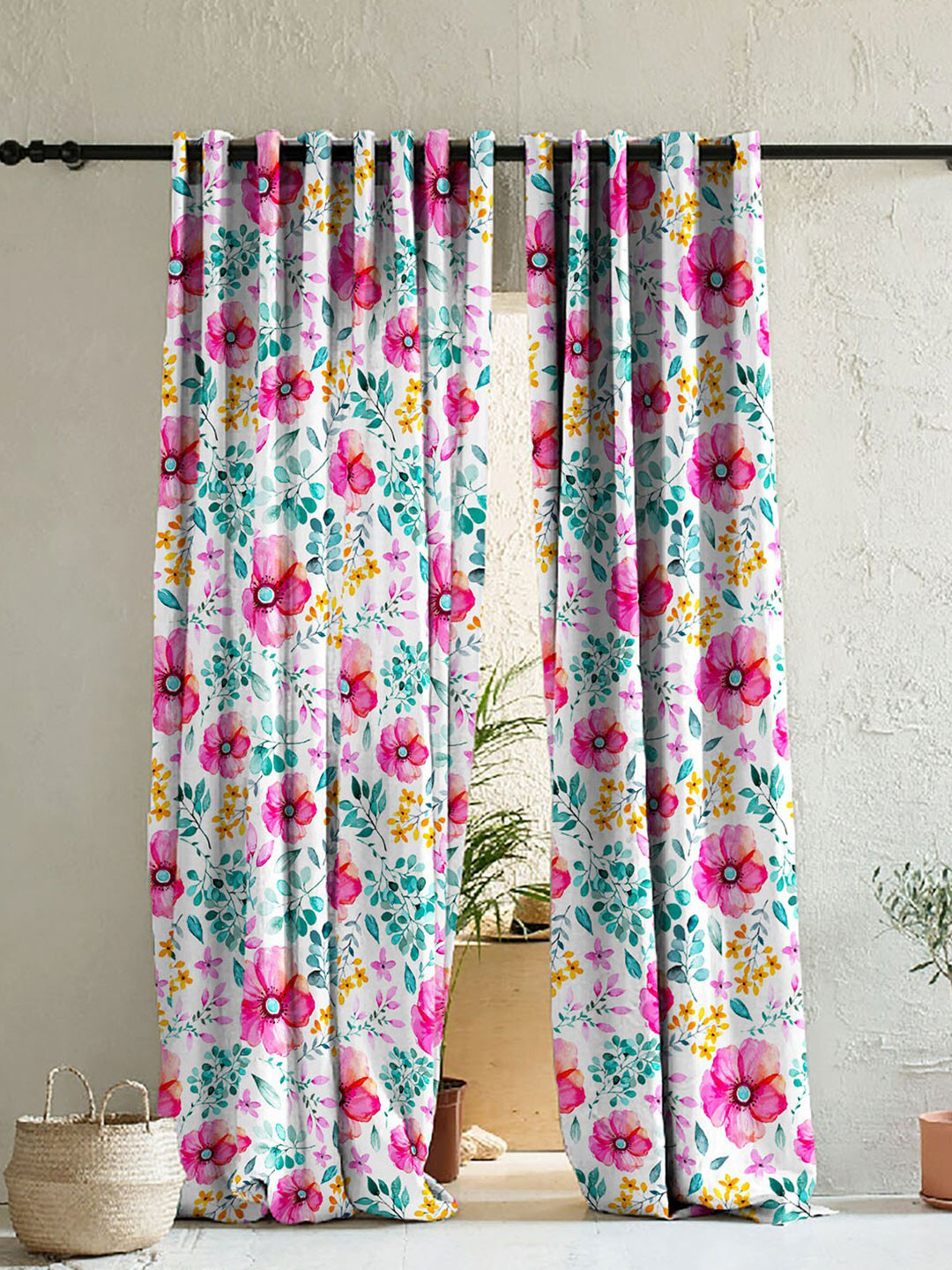 

SPACES Pink & White Set of 2 Floral Room Darkening Window Curtains