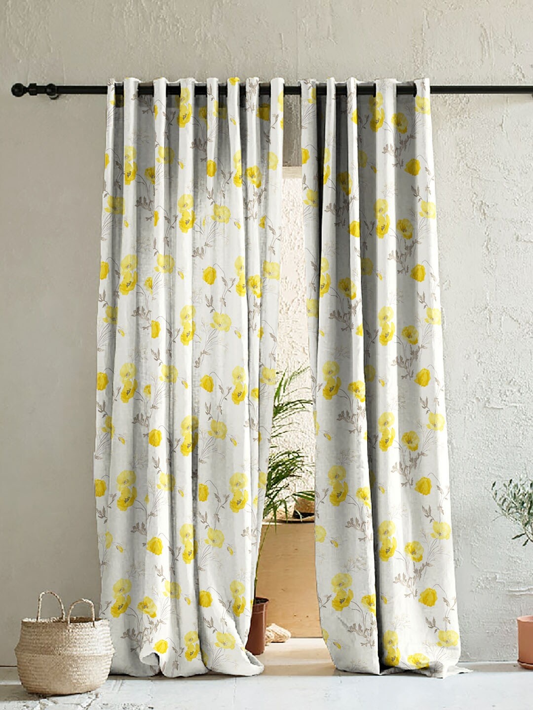 SPACES Yellow & Off White Set of 2 Floral Room Darkening Door Curtains