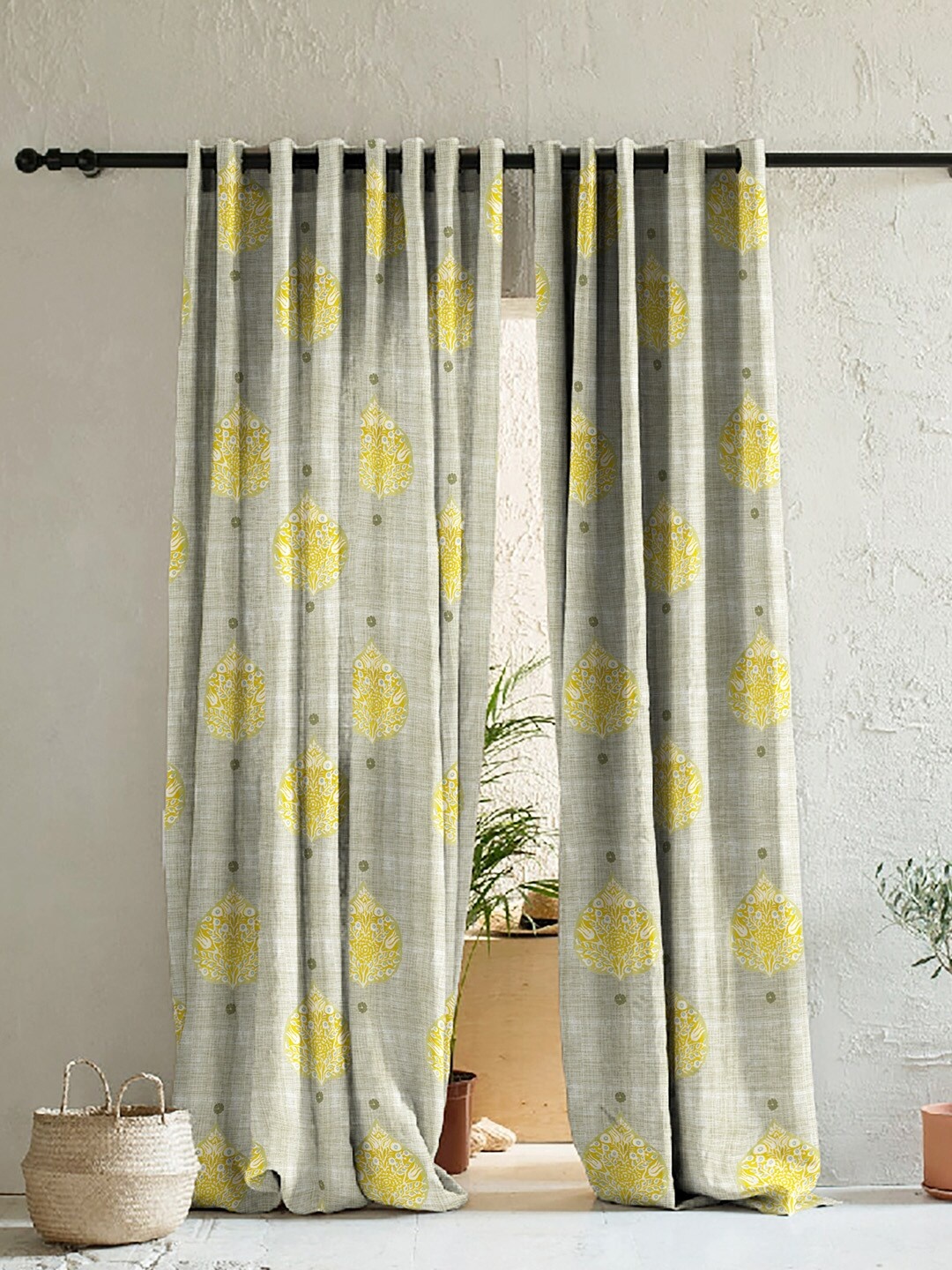 

SPACES Grey & Yellow Set of 2 Ethnic Motifs Room Darkening Long Door Curtain