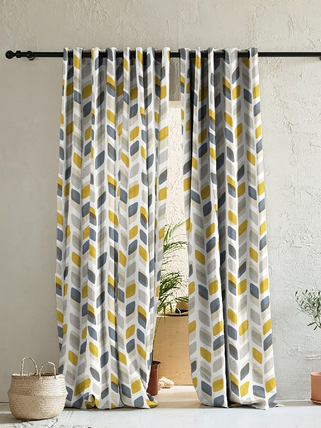 

SPACES White & Yellow Set of 2 Geometric Room Darkening Long Door Curtain