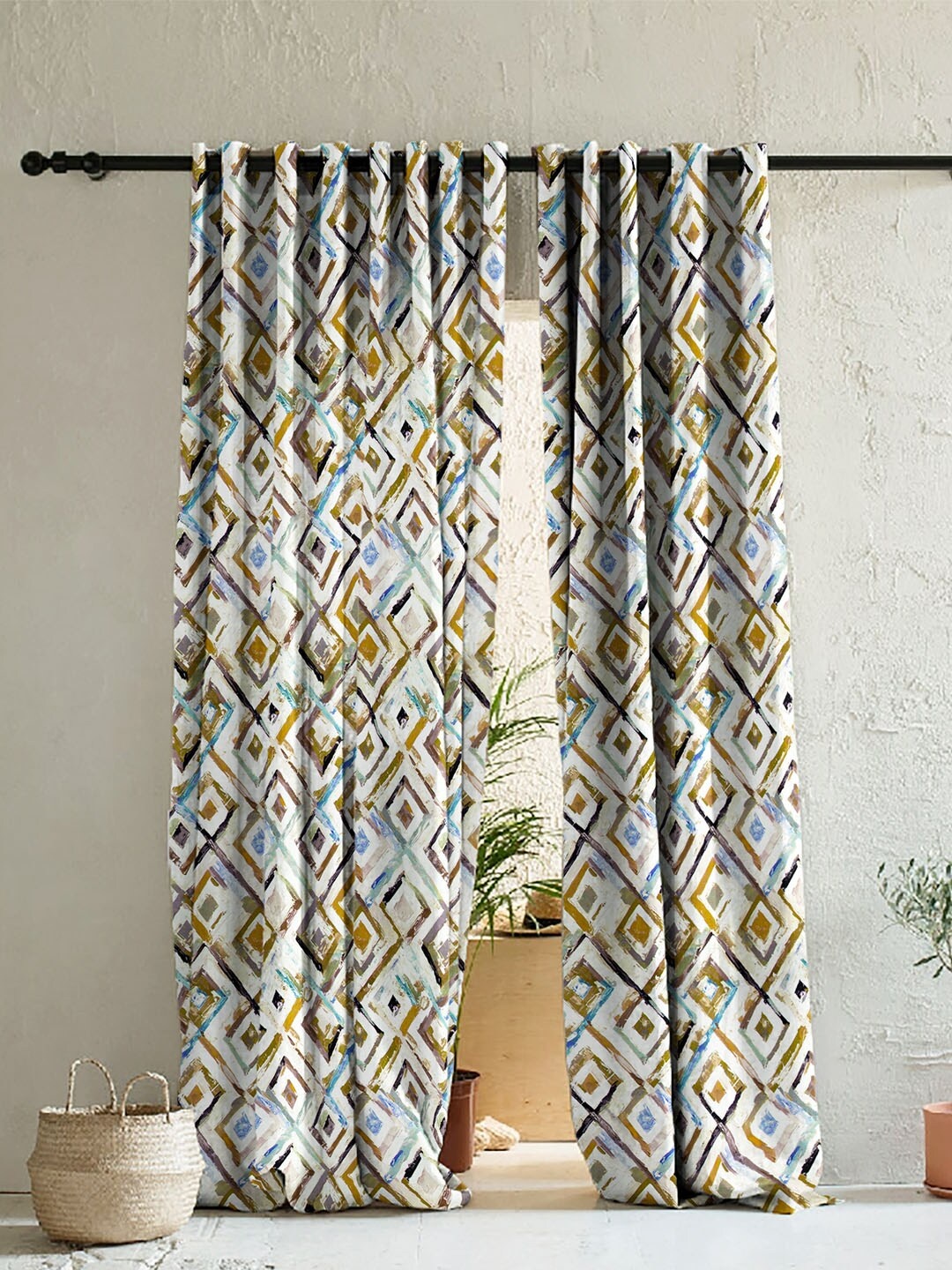 

SPACES White & Blue Set of 2 Geometric Room Darkening Door Curtain