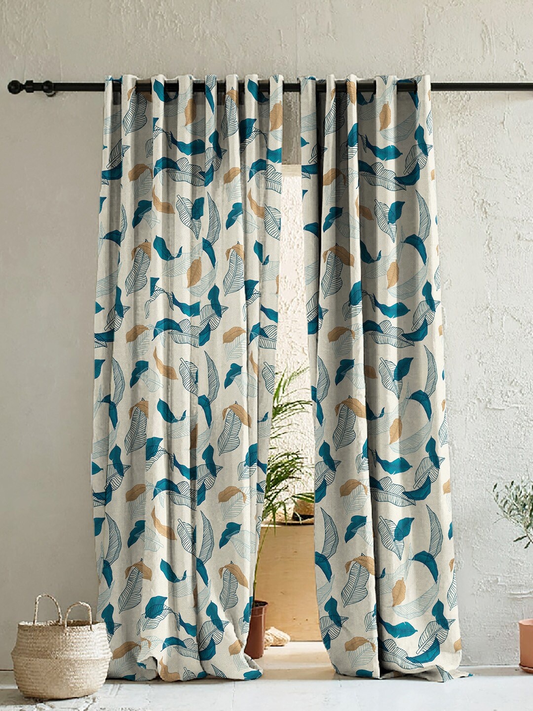 

SPACES Off White & Blue Set of 2 Floral Room Darkening Long Door Curtain