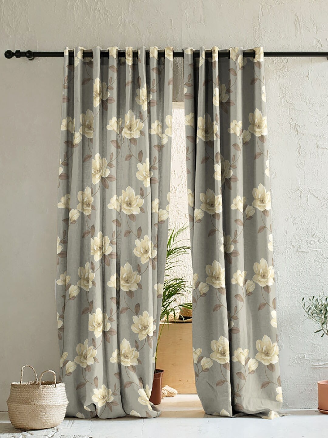 

SPACES Grey & Brown Set of 2 Floral Room Darkening Long Door Curtain