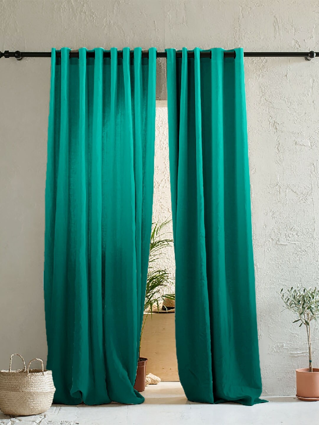 

SPACES Green & Sea Green Set of 2 Colourblocked Room Darkening Long Door Curtain