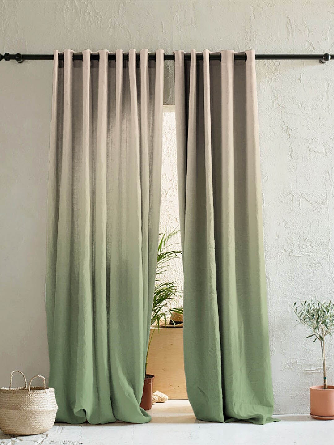 

SPACES Sea Green & Beige Set of 2 Colourblocked Room Darkening Window Curtain