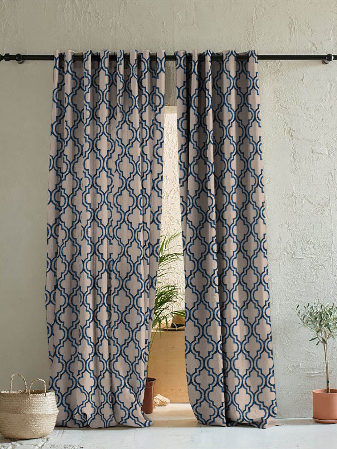 

SPACES Beige & Blue Set of 2 Room Darkening Window Curtain