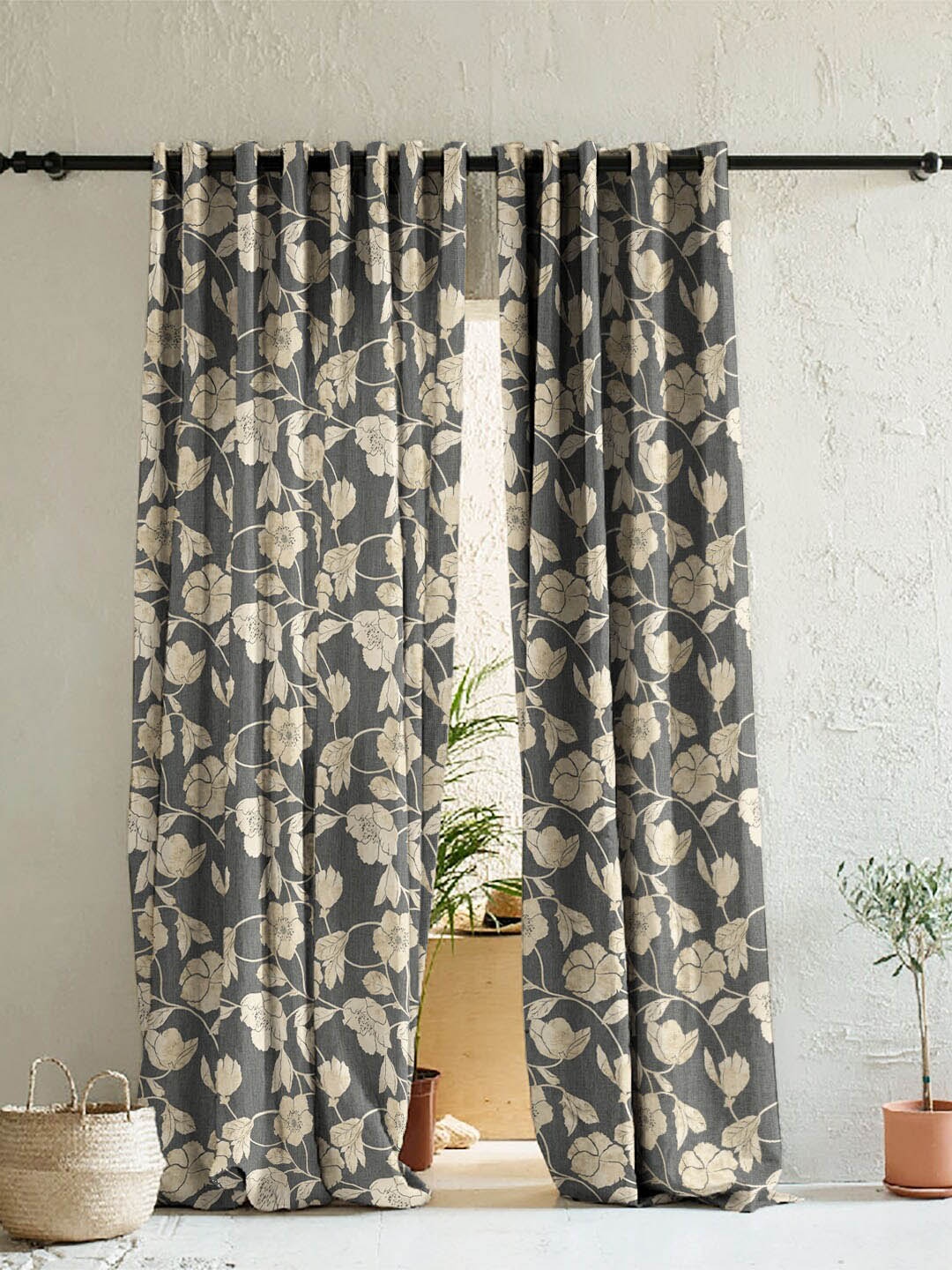 

SPACES Grey & Beige Set of 2 Floral Room Darkening Long Door Curtain