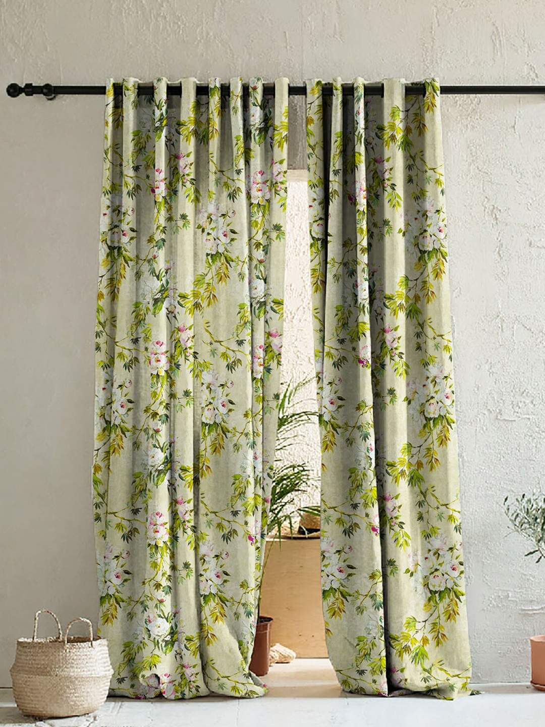 SPACES Green & White Set of 2 Floral Room Darkening Long Door Curtain