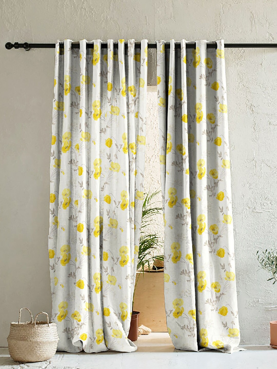 

SPACES White & Yellow Set of 2 Floral Room Darkening Long Door Curtain
