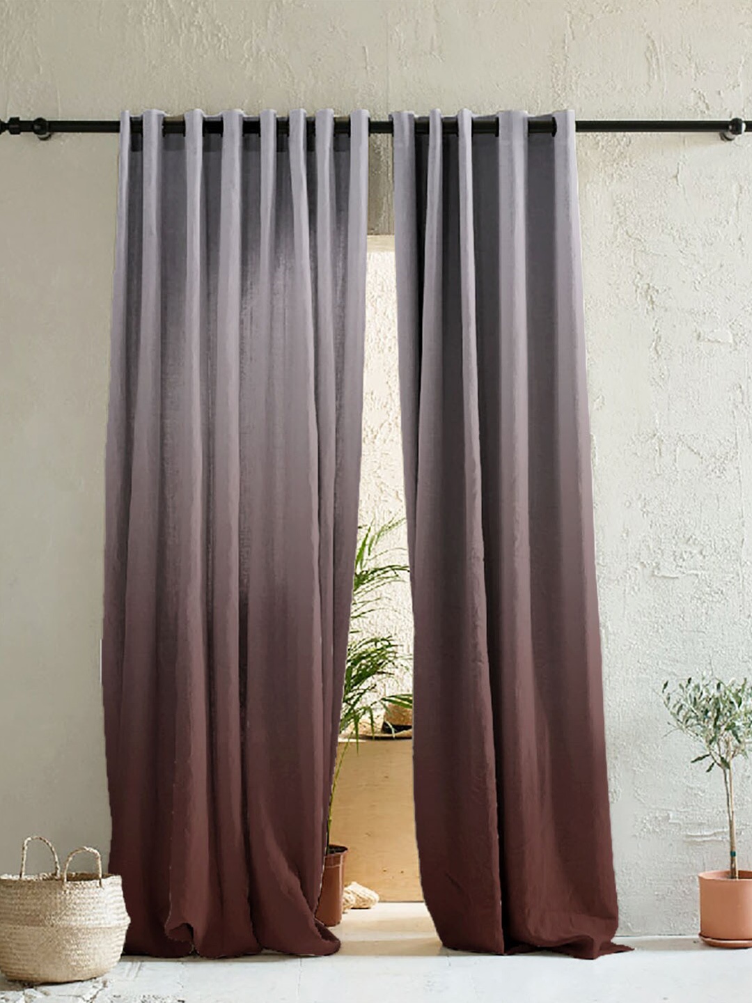 

SPACES Grey & Brown Set of 2 Colourblocked Room Darkening Window Curtain