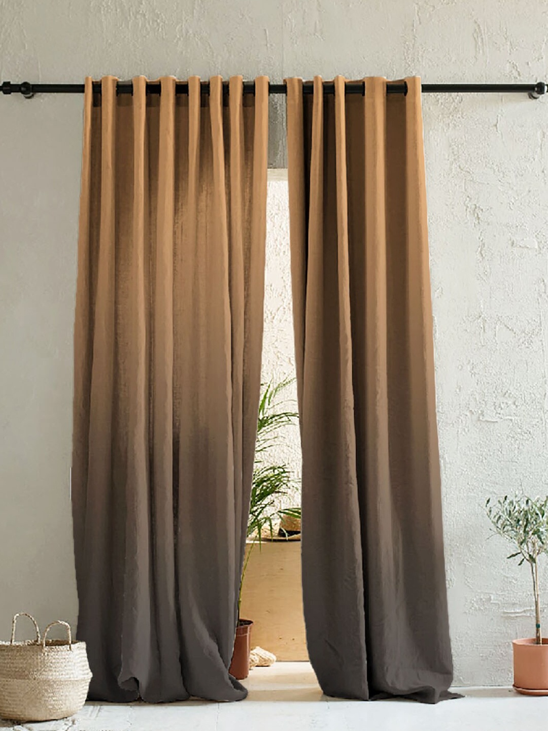 

SPACES Brown & Grey Set of 2 Colourblocked Room Darkening Door Curtain