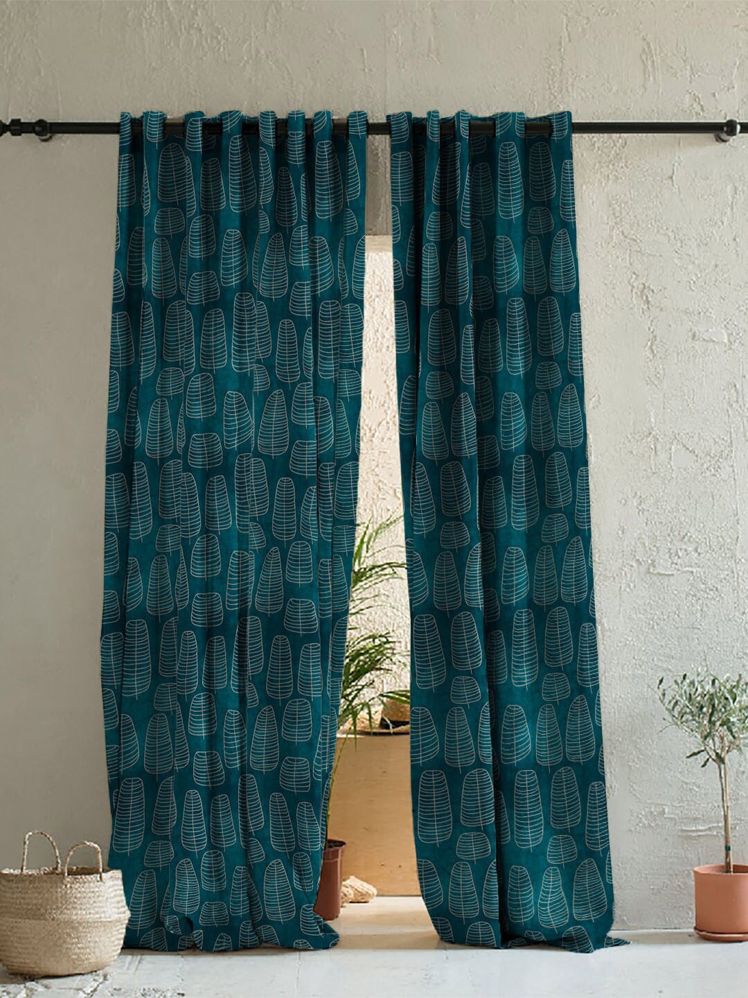 

SPACES Teal & White Set of 2 Ethnic Motifs Room Darkening Door Curtain