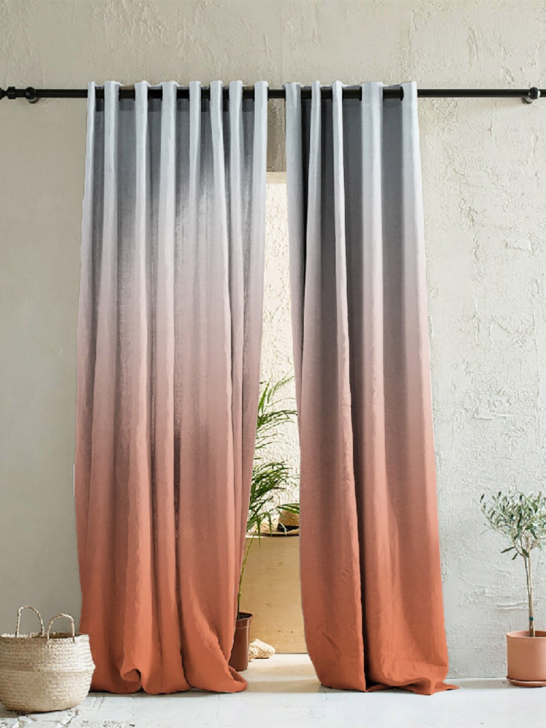 

SPACES Peach-Coloured & Grey Set of 2 Colourblocked Room Darkening Door Curtain