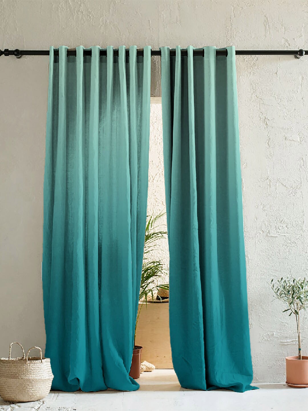 

SPACES Blue & Sea Green Set of 2 Colourblocked Room Darkening Door Curtain