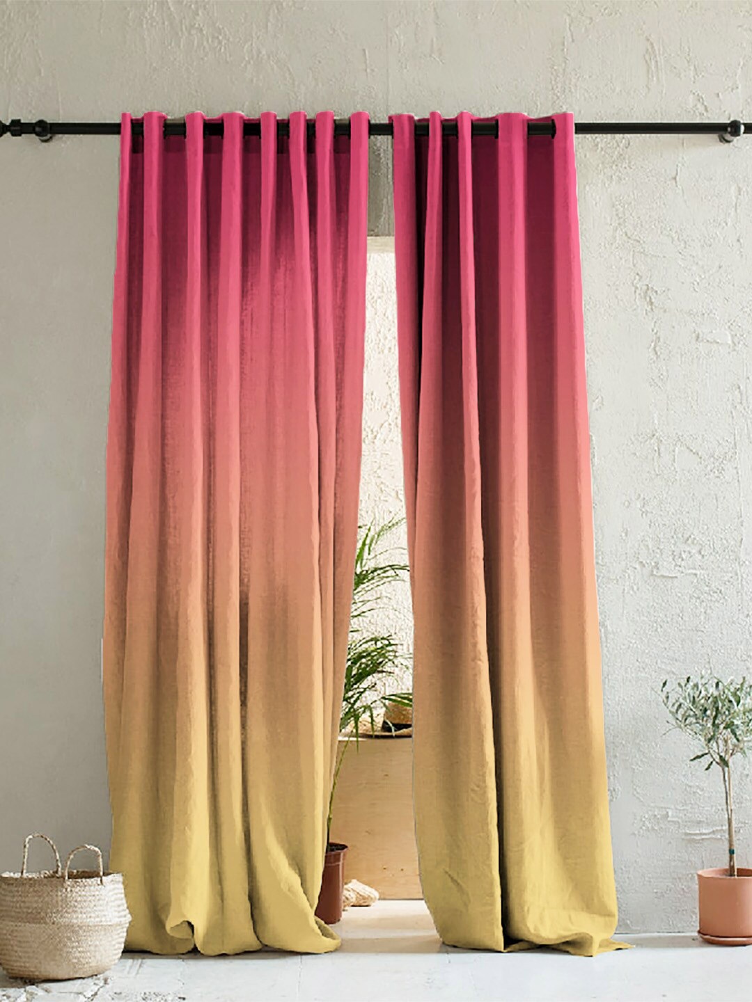 

SPACES Pink & Yellow Set of 2 Colourblocked Room Darkening Long Door Curtain