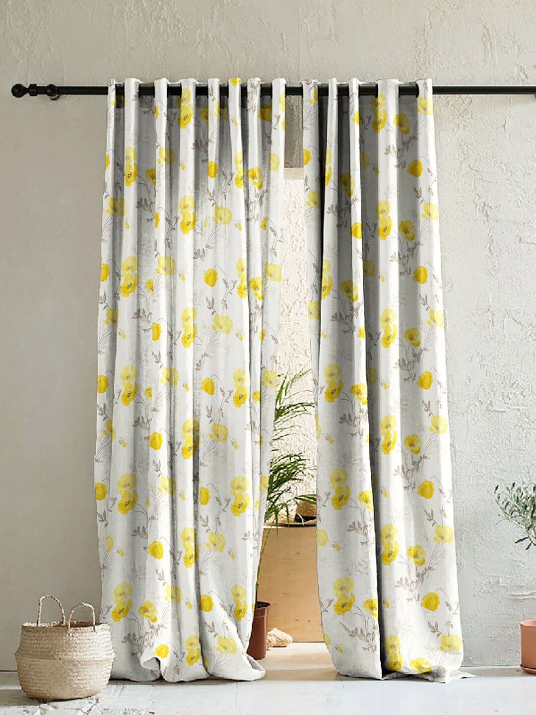 

SPACES White & Yellow Set of 2 Floral Room Darkening Window Curtain