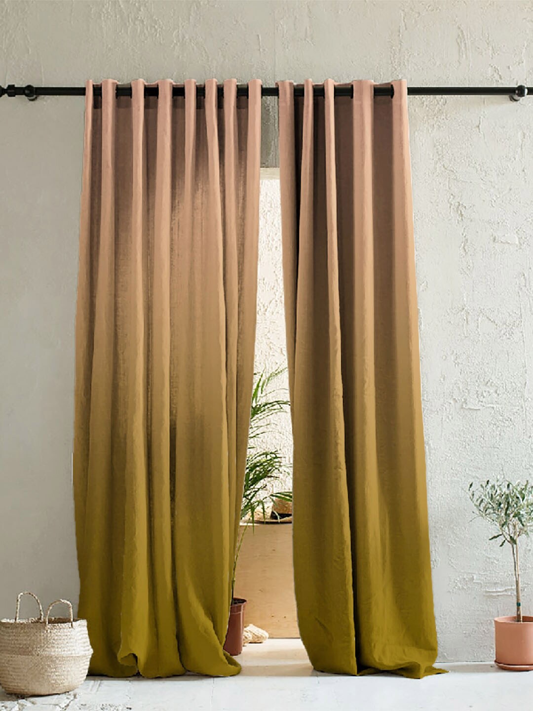 

SPACES Olive Green & Brown Set of 2 Colourblocked Room Darkening Long Door Curtain