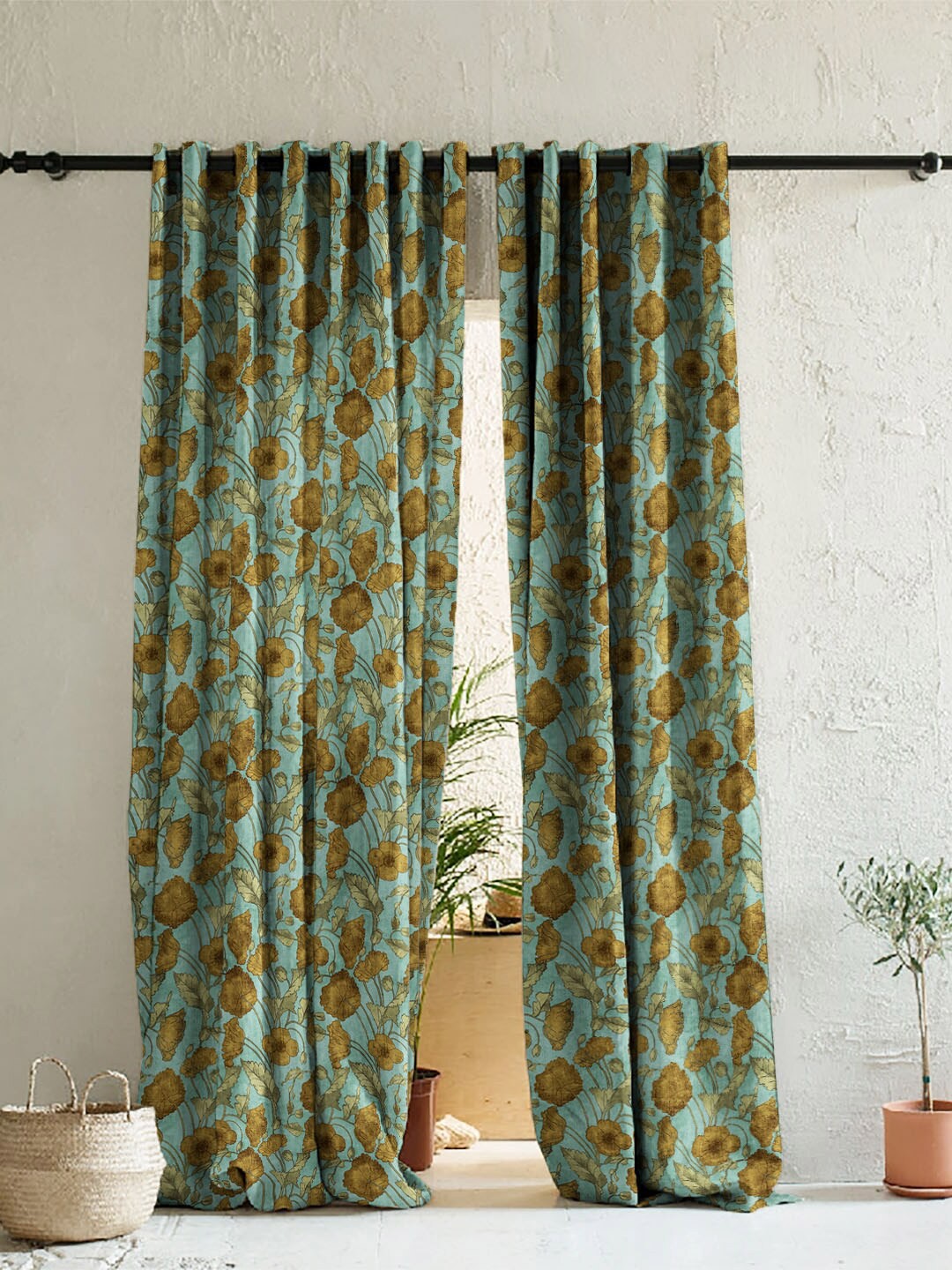 

SPACES Green & Brown Set of 2 Floral Room Darkening Long Door Curtain