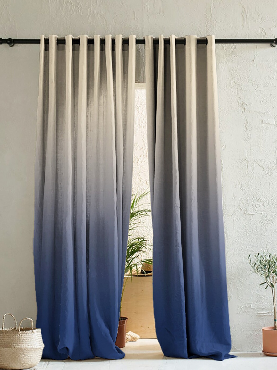 

SPACES Blue & Brown Set of 2 Colourblocked Room Darkening Long Door Curtain