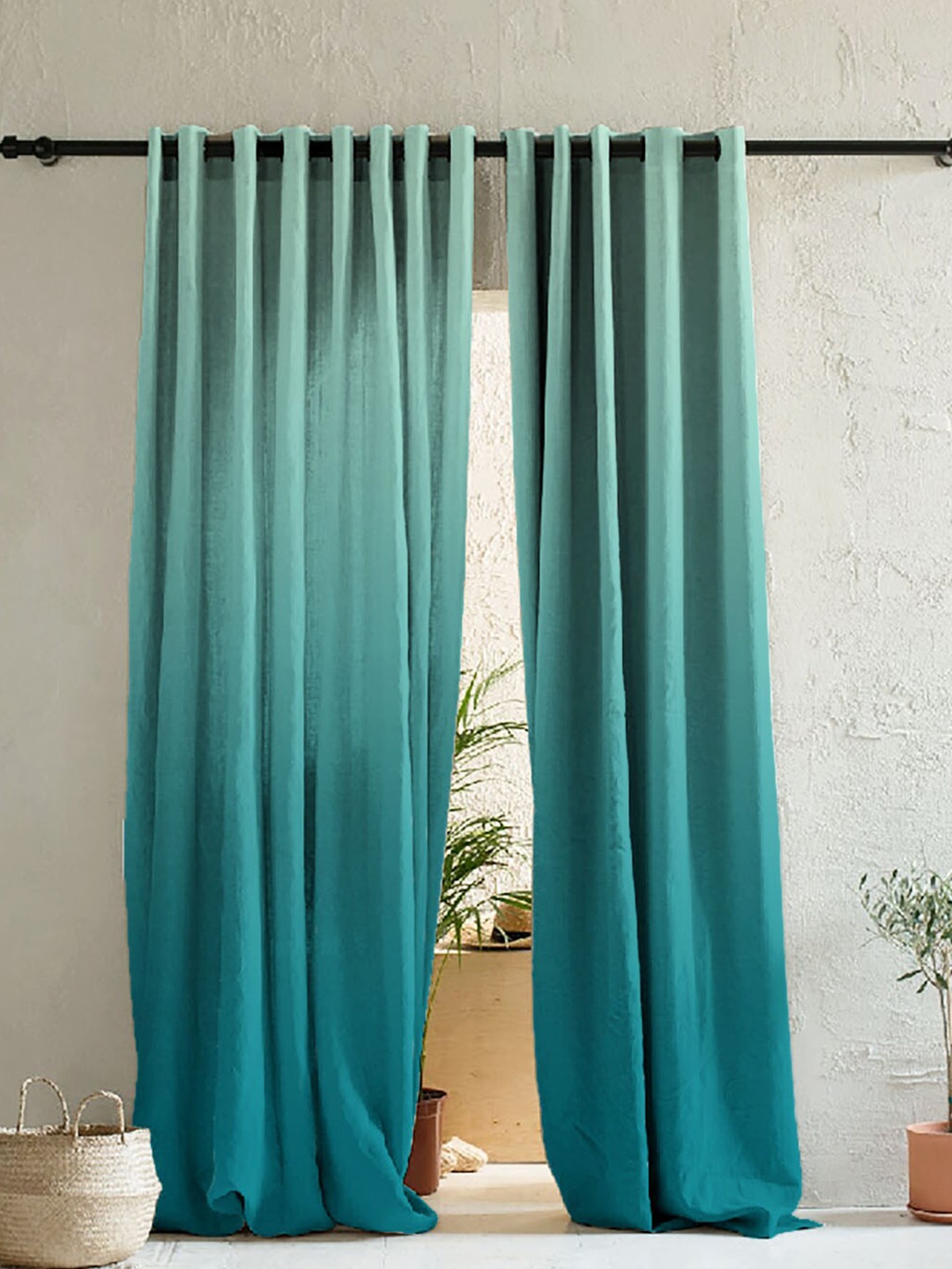 

SPACES Blue & Green Set of 2 Colourblocked Room Darkening Long Door Curtain