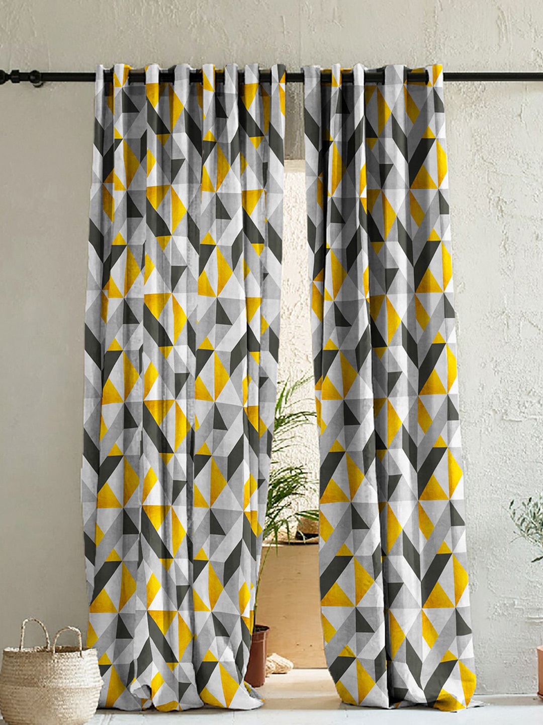 

SPACES White & Yellow Set of 2 Geometric Room Darkening Long Door Curtain