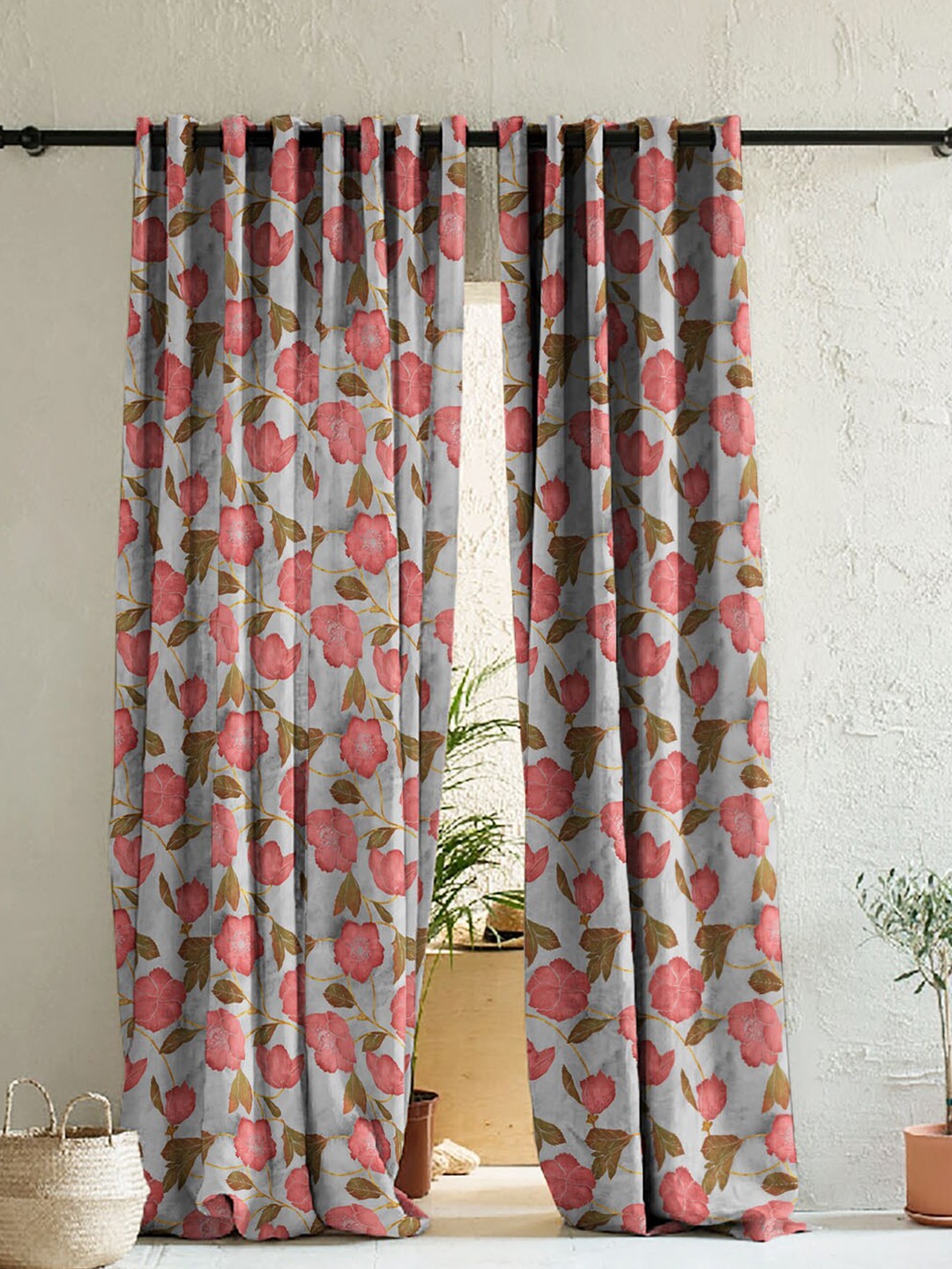 SPACES Grey & Pink Set of 2 Floral Room Darkening Long Door Curtain
