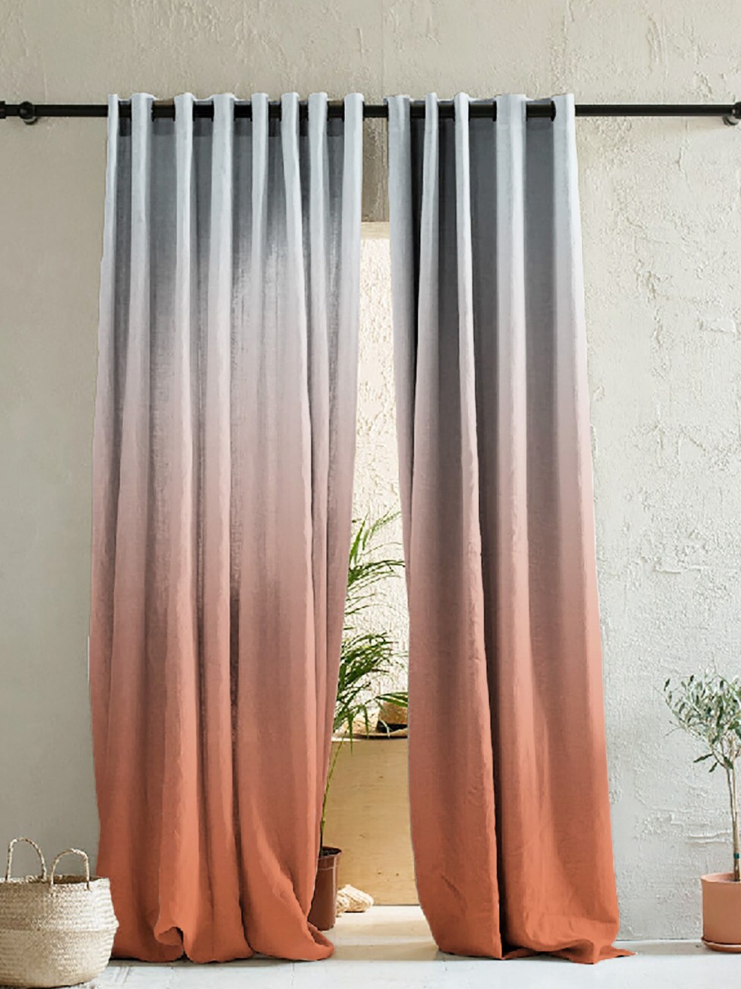 

SPACES Grey & Rust Set of 2 Colourblocked Room Darkening Long Door Curtain