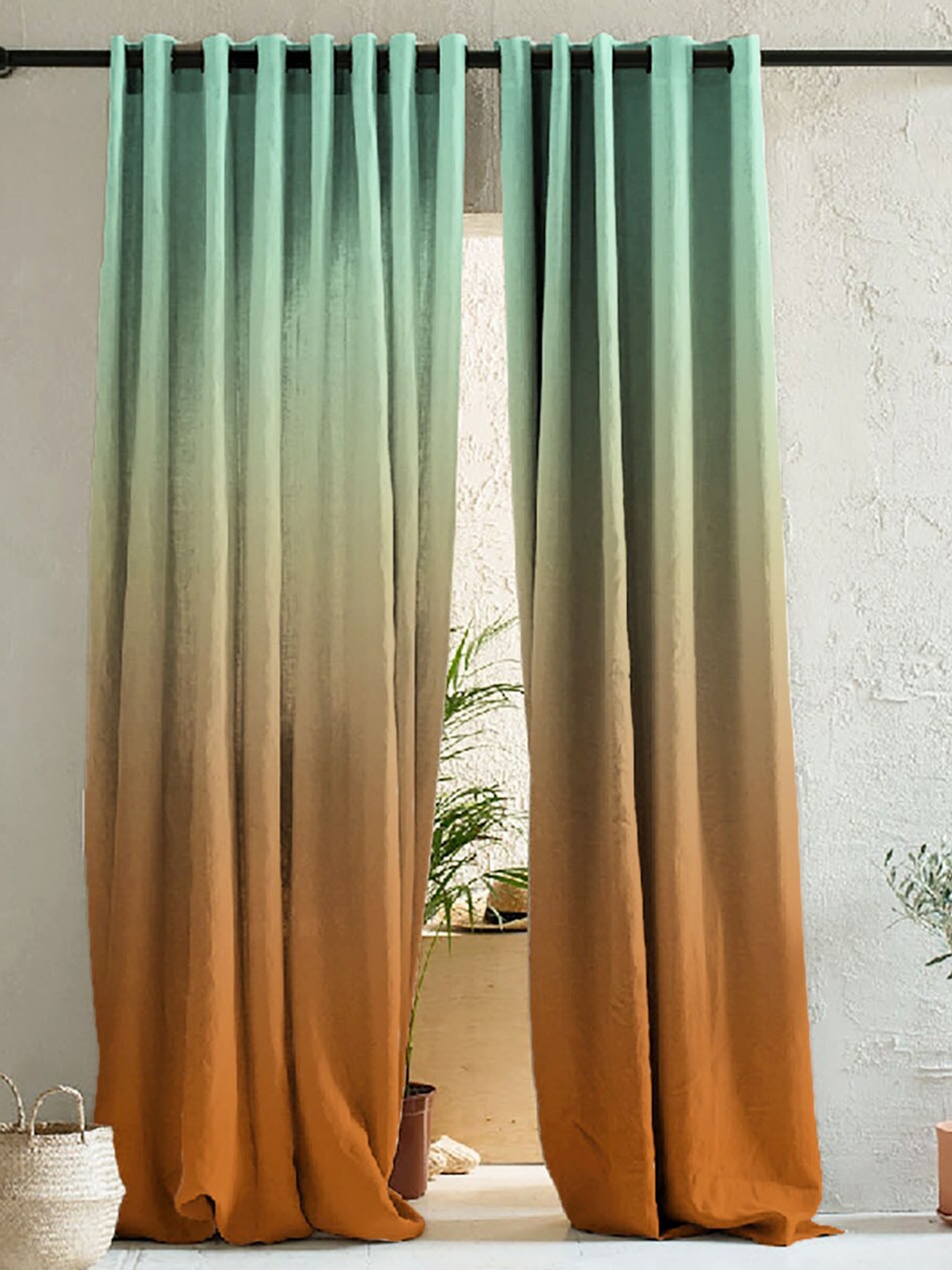 

SPACES Green & Brown Set of 2 Colourblocked Room Darkening Door Curtain