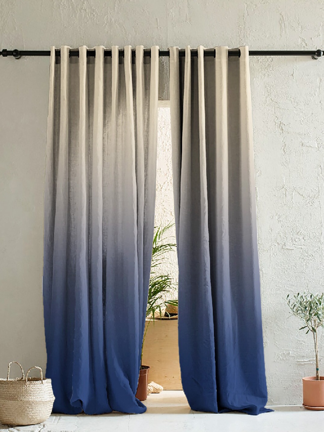 

SPACES Blue & Grey Set of 2 Colourblocked Room Darkening Door Curtain