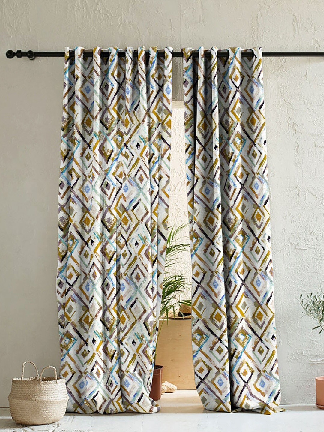 

SPACES Brown & Blue Set of 2 Geometric Room Darkening Window Curtain