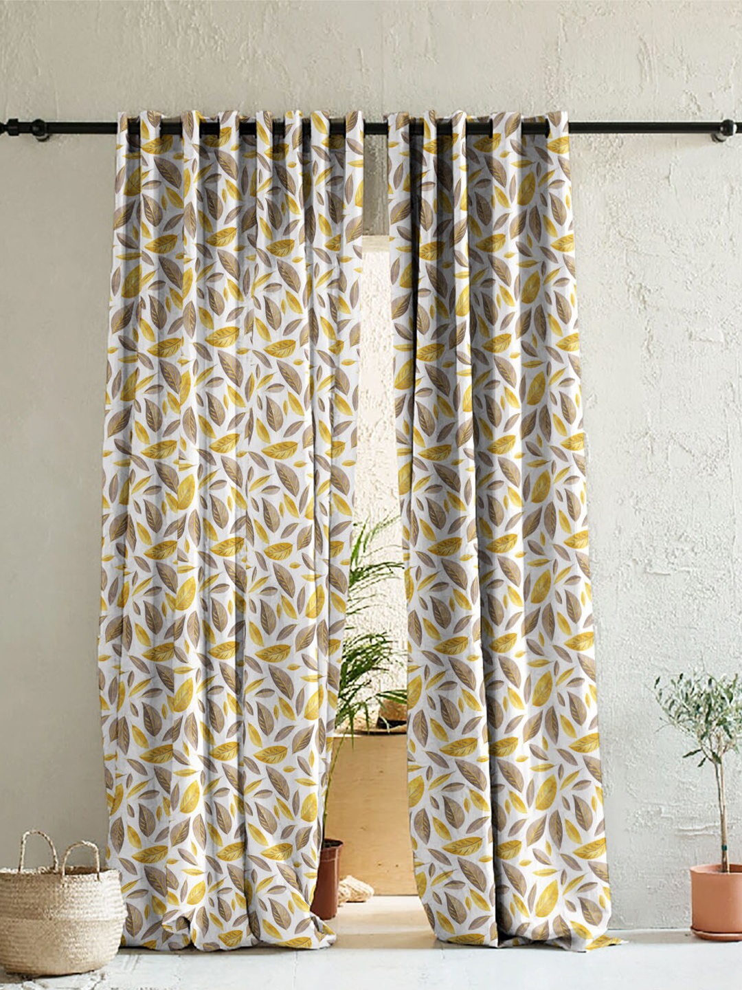 

SPACES White & Brown Set of 2 Floral Room Darkening Long Door Curtain