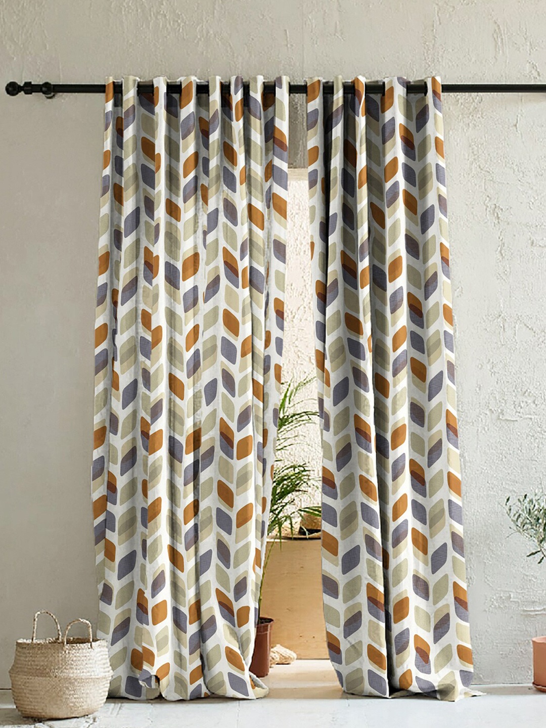

SPACES White & Grey Set of 2 Geometric Room Darkening Long Door Curtain