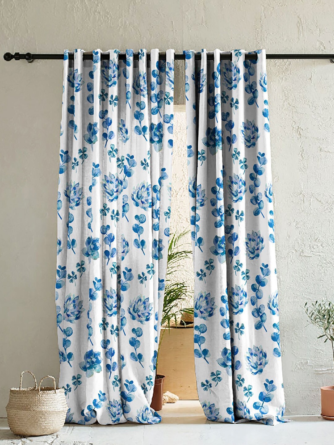 

SPACES White & Blue Set of 2 Floral Room Darkening Long Door Curtain