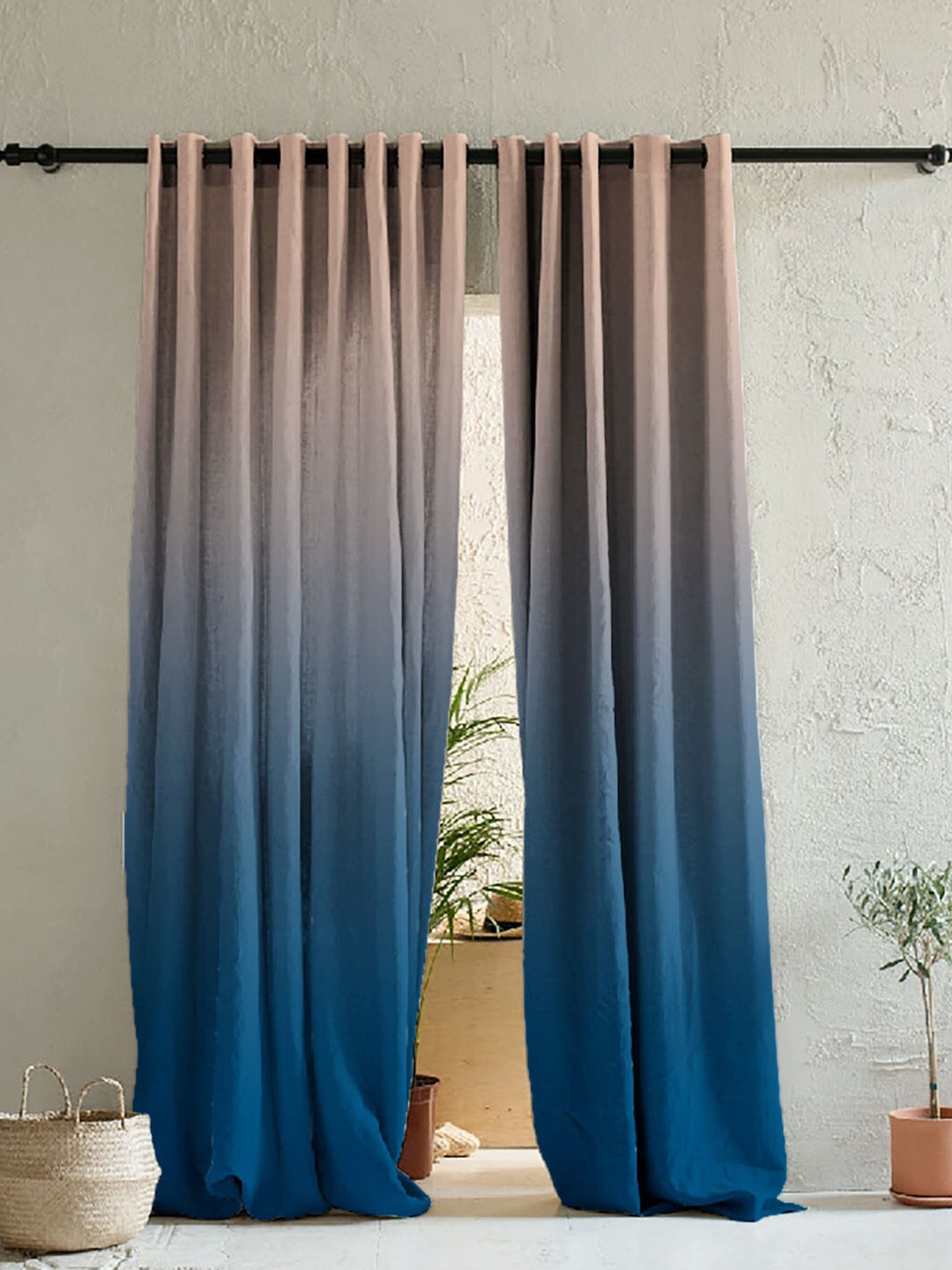 

SPACES Blue & Beige Set of 2 Room Darkening Long Door Curtain