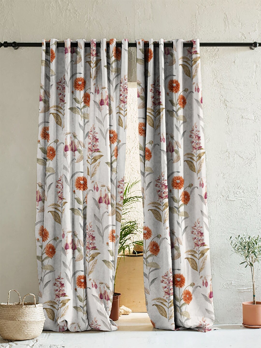 

SPACES White & Red Set of 2 Floral Room Darkening Door Curtain