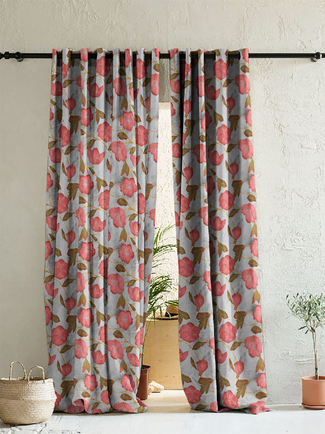 

SPACES Grey & Pink Set of 2 Floral Room Darkening Window Curtain