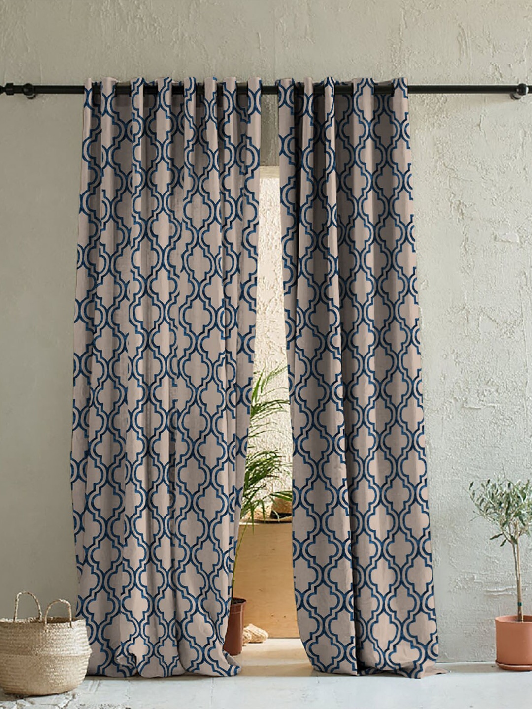 

SPACES Peach-Coloured & Blue Set of 2 Geometric Room Darkening Long Door Curtain