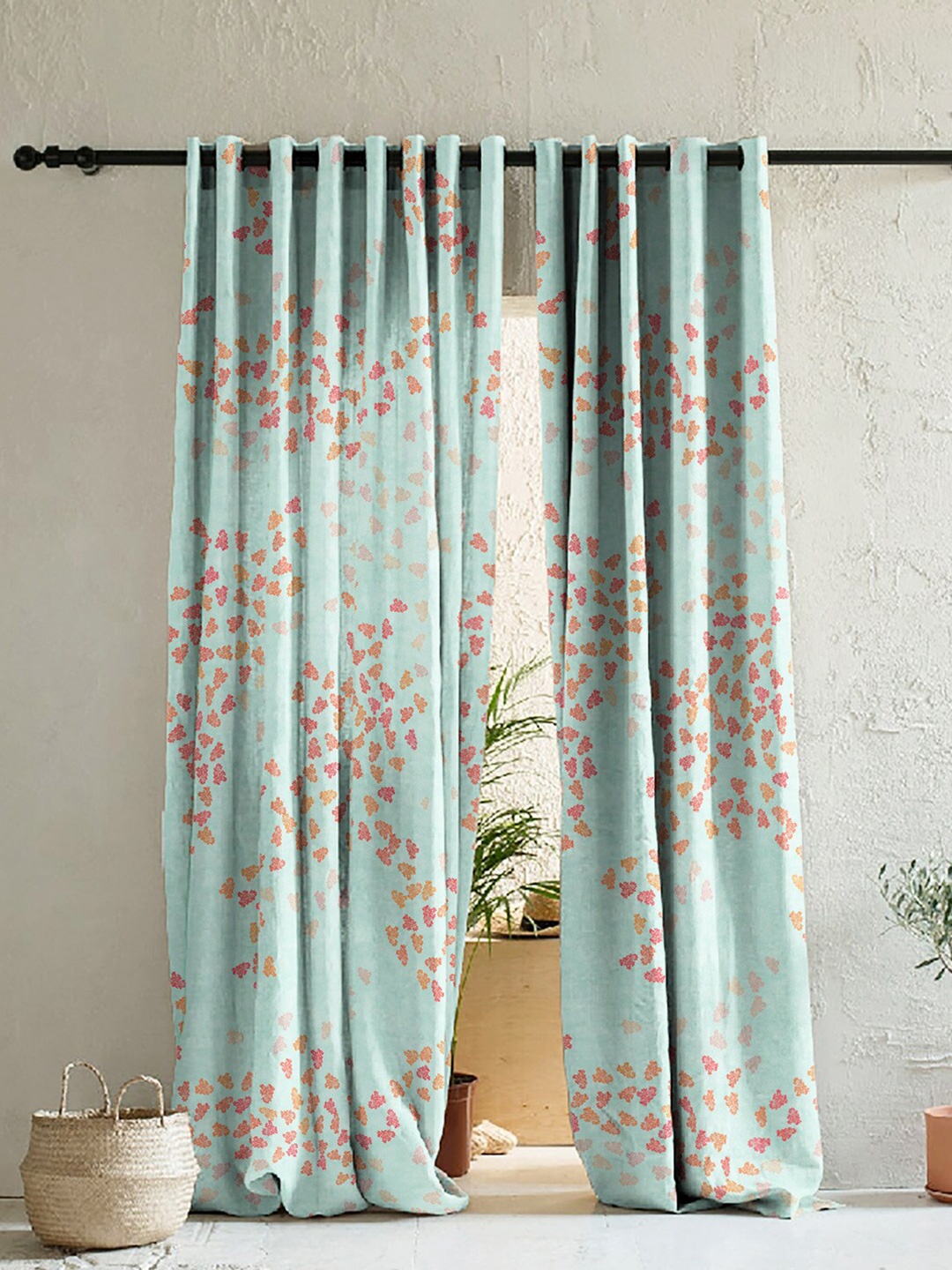 

SPACES Turquoise Blue & Pink Set of 2 Floral Room Darkening Long Door Curtain