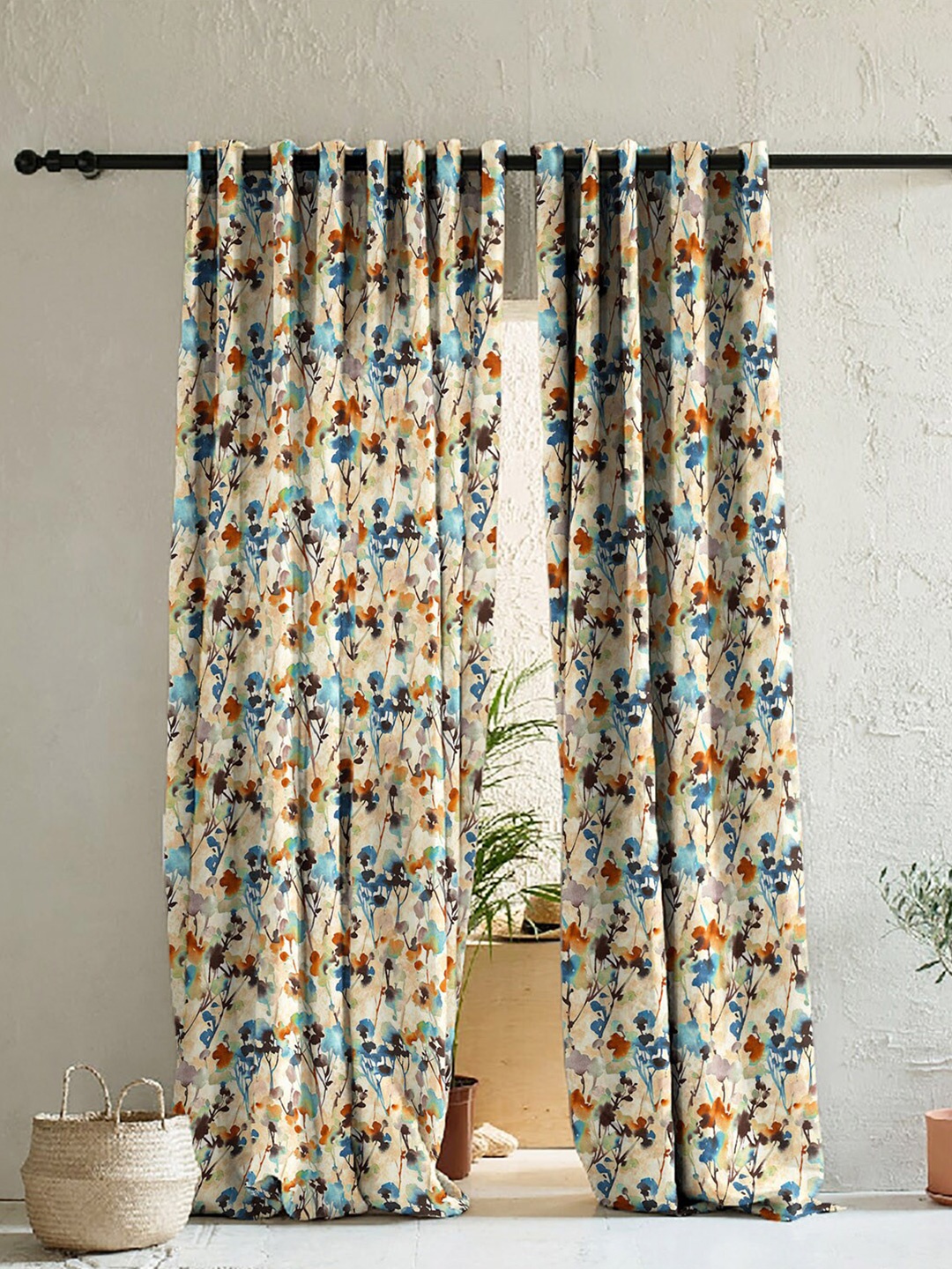 SPACES Cream-Coloured & Blue Set of 2 Floral Room Darkening Door Curtain