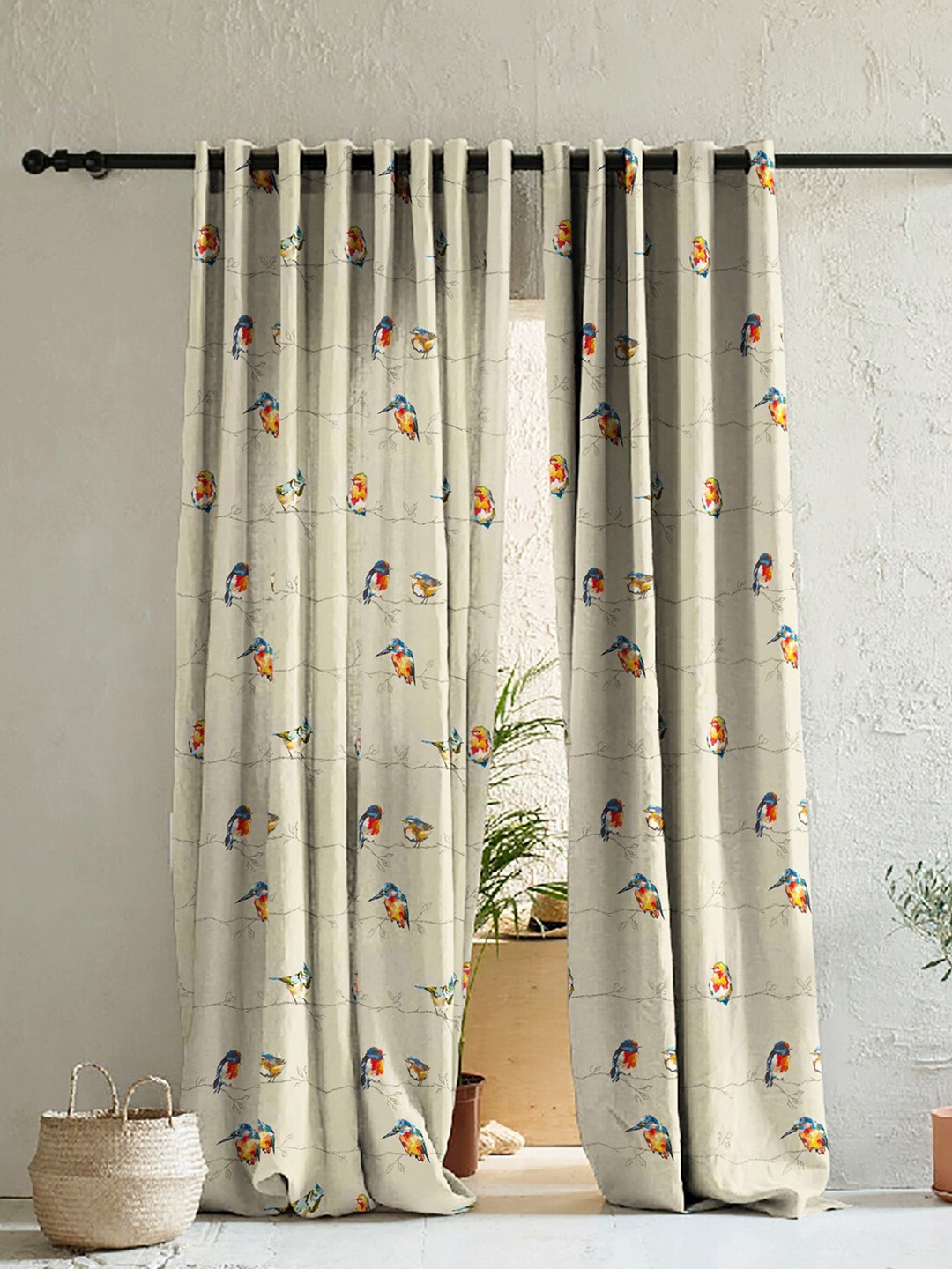 

SPACES Beige & Blue Set of 2 Room Darkening Long Door Curtain