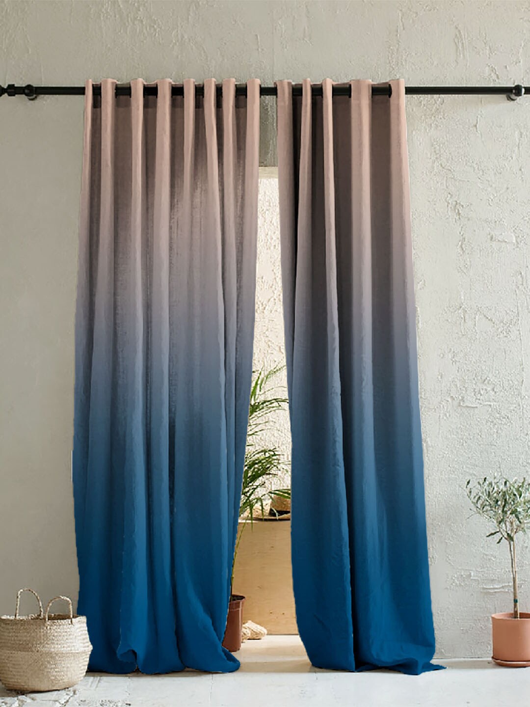 

SPACES Blue & Peach-Coloured Set of 2 Colourblocked Room Darkening Window Curtain
