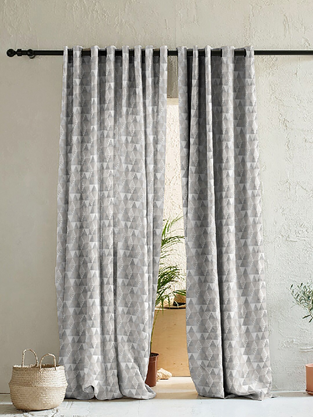 

SPACES White & Grey Set of 2 Geometric Room Darkening Long Door Curtain