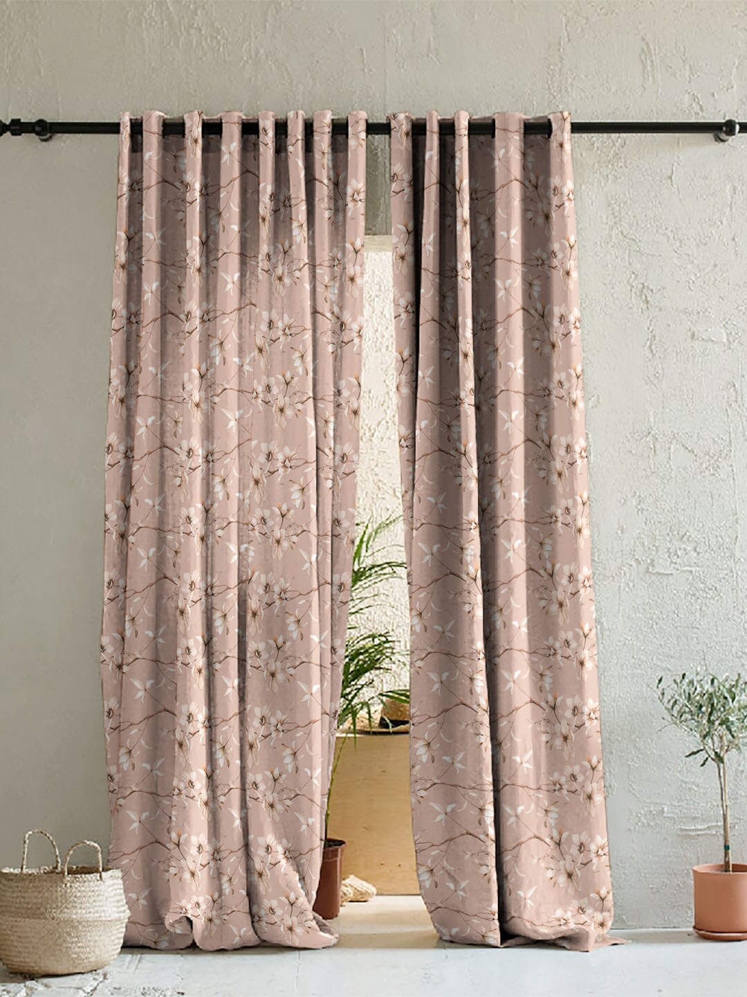 SPACES Pink & White Set of 2 Floral Room Darkening Long Door Curtain