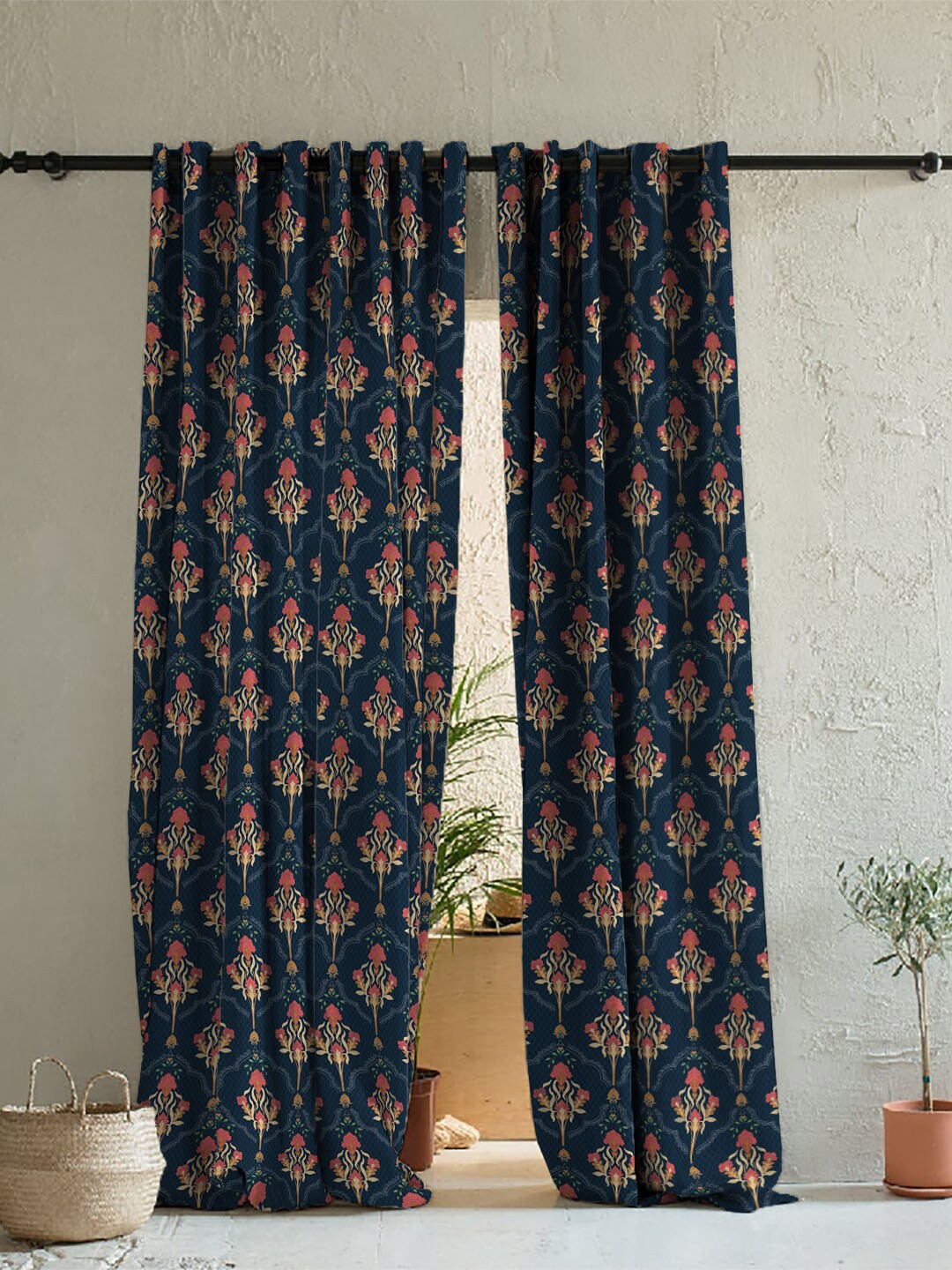

SPACES Blue & Coral Set of 2 Ethnic Motifs Room Darkening Long Door Curtain