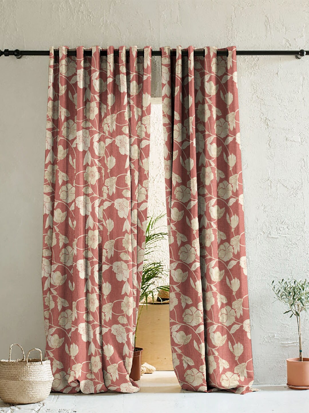 

SPACES Elegent Pink & Brown Set of 2 Floral Room Darkening Long Door Curtain