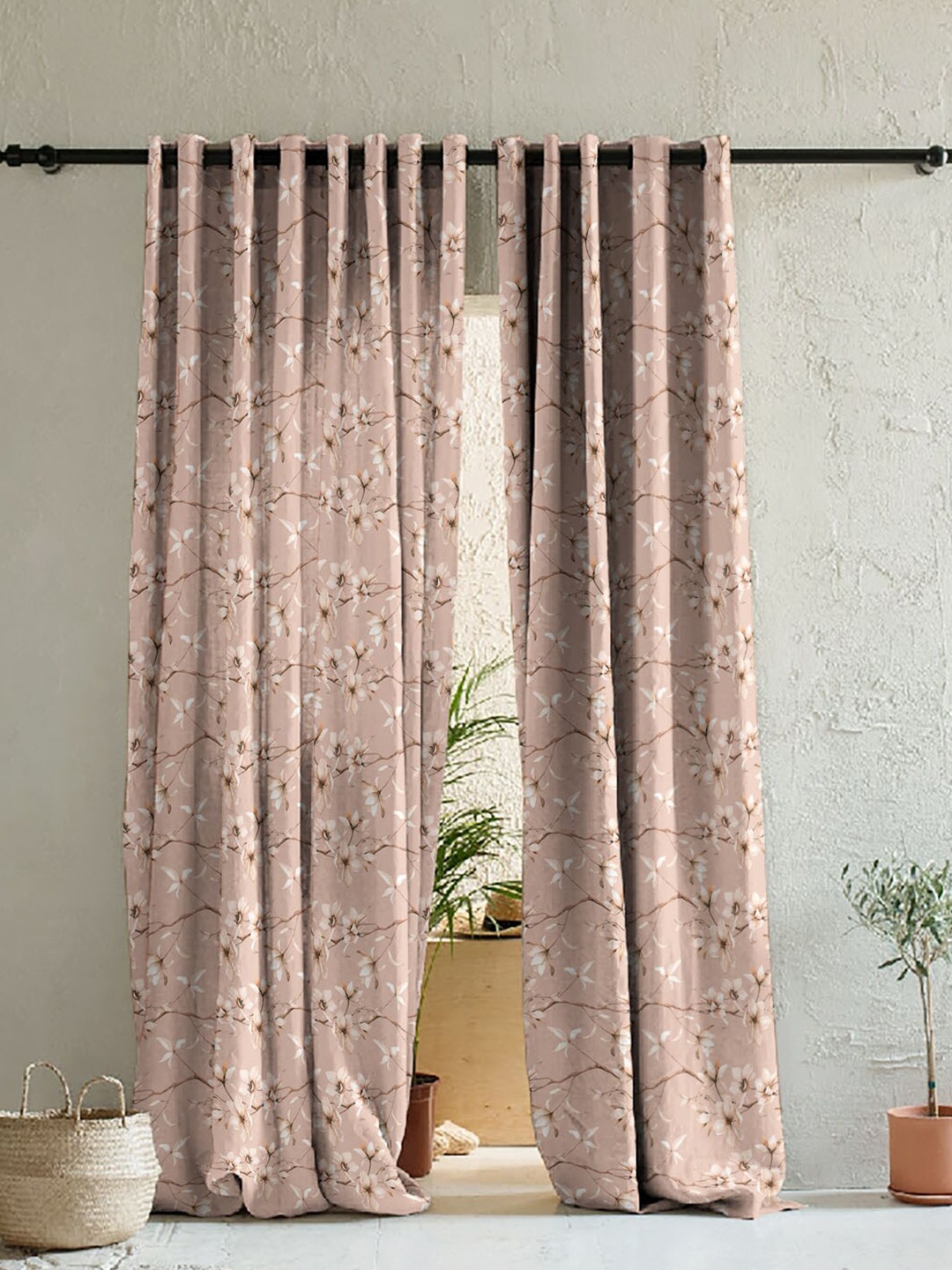 

SPACES Elegent Pink & Brown Set of 2 Floral Room Darkening Door Curtain