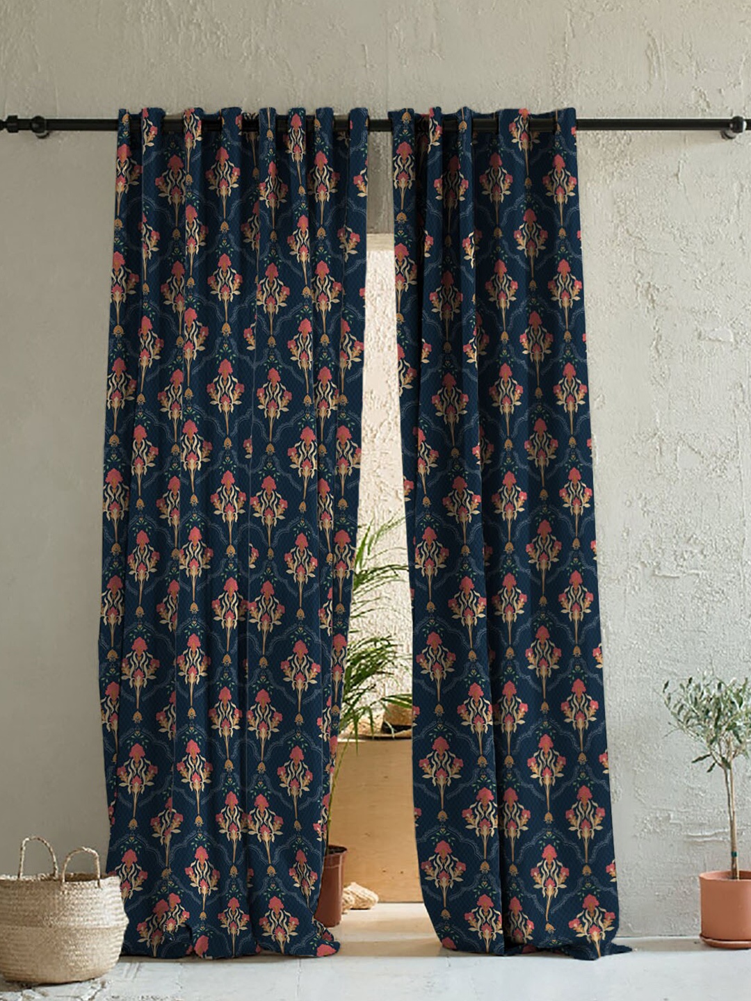 

SPACES Elegent Blue & Pink Set of 2 Ethnic Motifs Room Darkening Window Curtain
