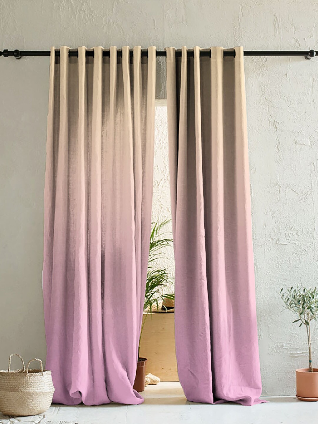 

SPACES Elegent Pink & Beige Set of 2 Colourblocked Room Darkening Door Curtain